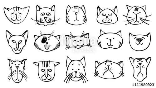 500x284 Cute Cat Heads In Hand Drawn Style. Cat Animal Set And Sketch - Cat Head Sketch