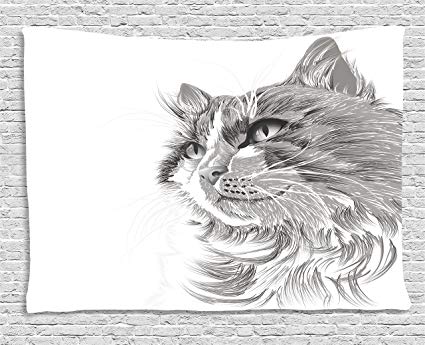 425x345 Ambesonne Animal Tapestry, Cat Head Portrait Furry - Cat Head Sketch