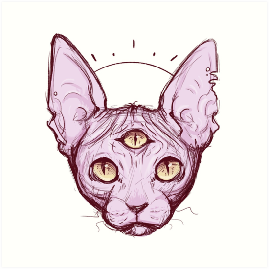 550x550 Three Eyed Sphynx Cat Sketch Art Prints By Ashley2899 Redbubble - Cat Images Sketch