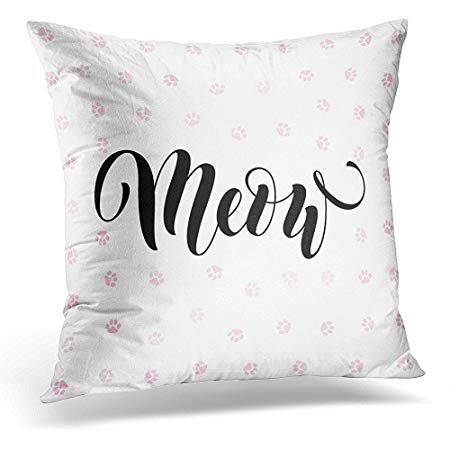 450x450 Throw Pillow Cover Text Black Lettering Meow With Cute Pink Cat - Cat Paw Sketch