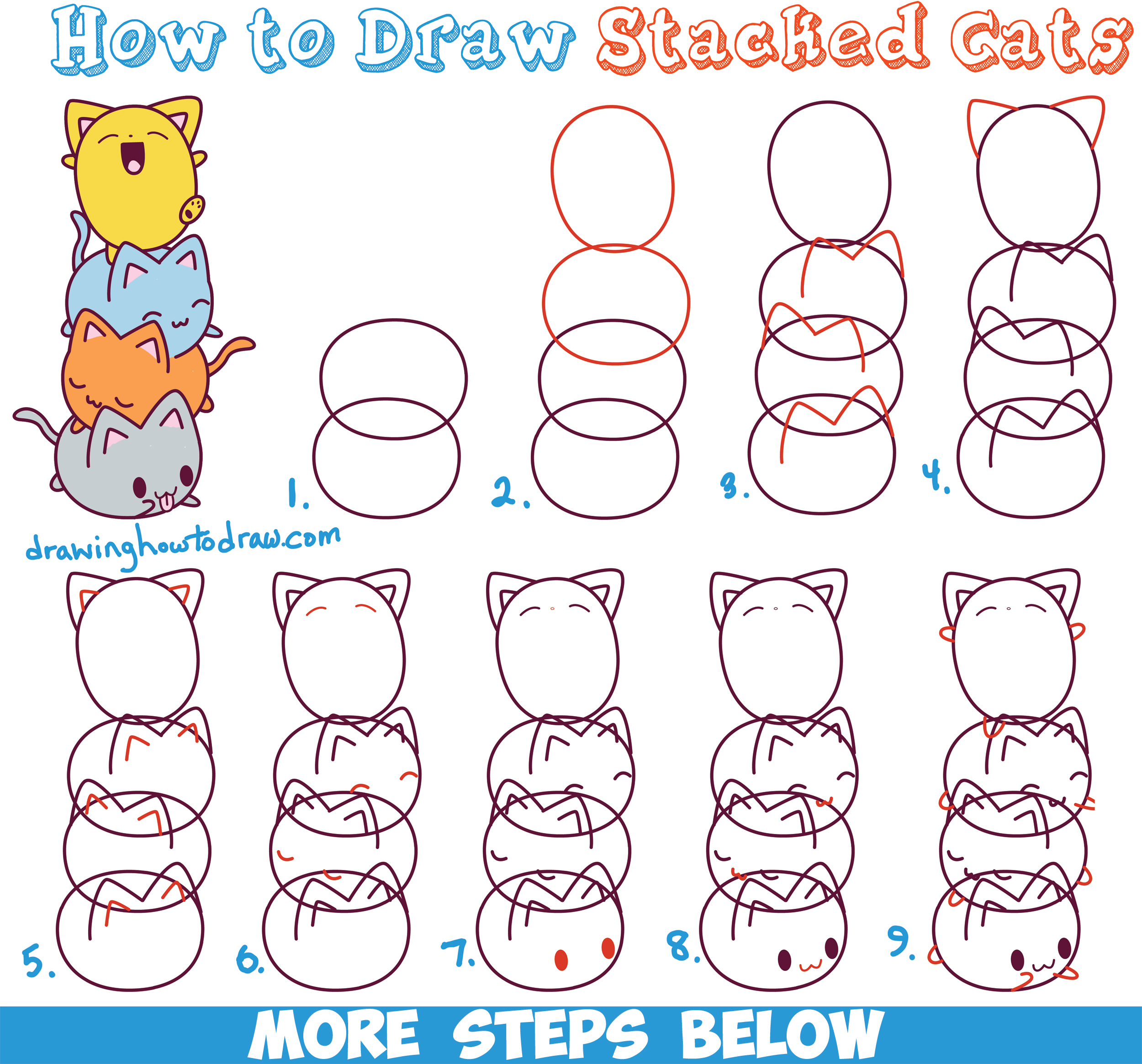 2500x2331 How To Draw Cute Kawaii Cats Stacked On Top Of Each Other - Cat Sketch Step By Step