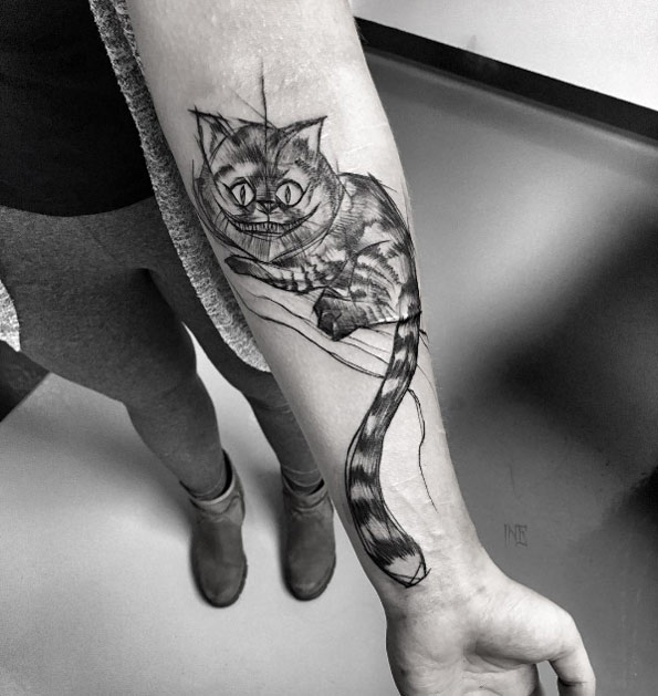 595x629 Best Alice In Wonderland Tattoos - Cat Sketch Tattoo