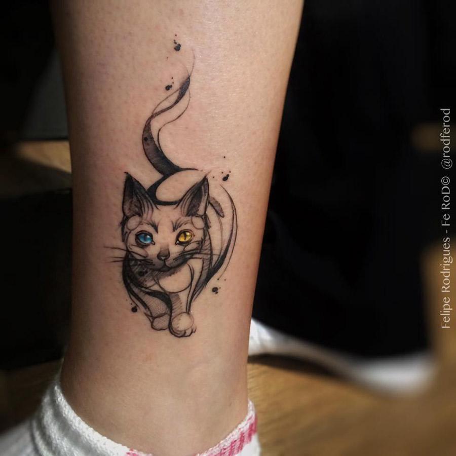 900x900 Sketch Cat With Colored Eyes Best Tattoo Design Ideas - Cat Tattoo Sketch
