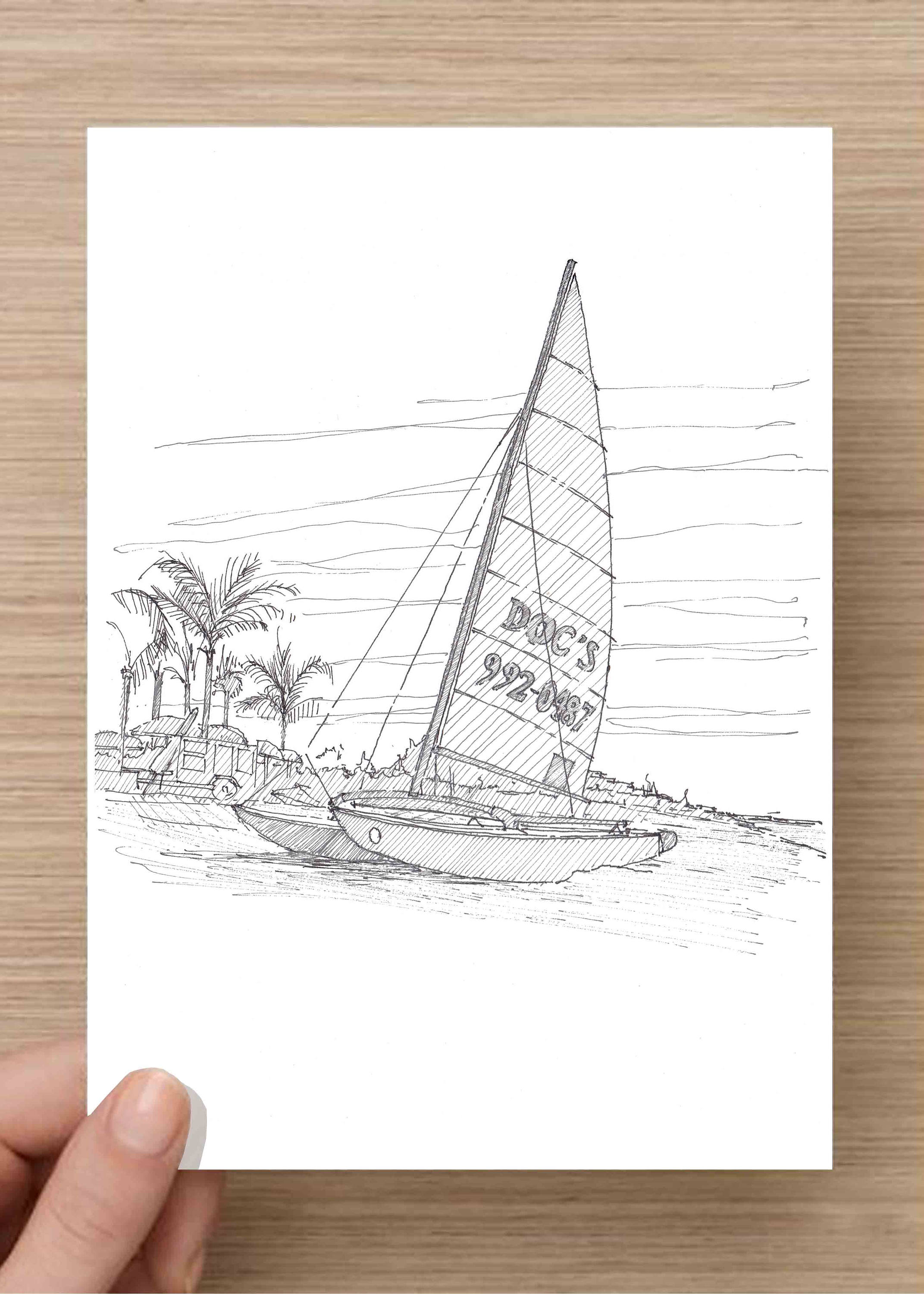 2143x3000 Ink Drawing Of Catamaran Sailboat On Beach In Naples, Florida - Catamaran Sketch