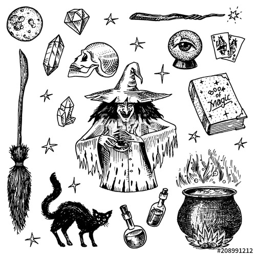 500x500 Halloween Elements. Magic Ball, Witch With Book Of Spells, Cursed - Cauldron Sketch