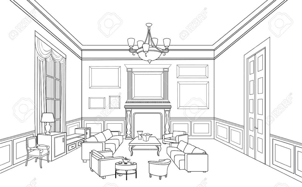 972x602 Editable Sketch Of Interior Design With Awesome Ceiling Lamp - Ceiling Sketch
