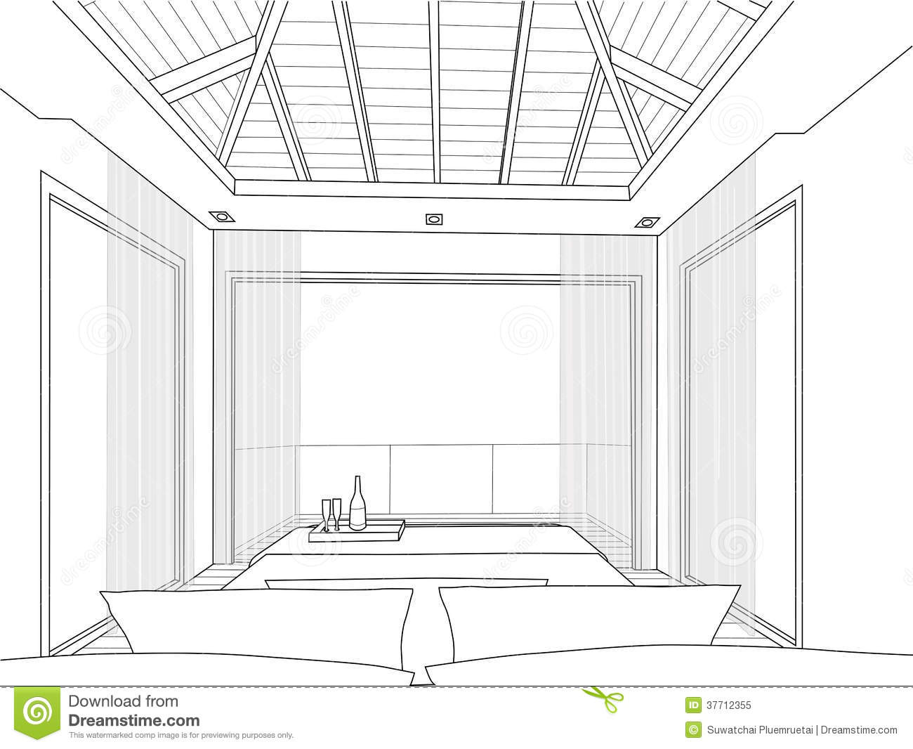 1300x1066 Modern Attic Bedroom Sketch Featuring Simple Recessed Ceiling - Ceiling Sketch