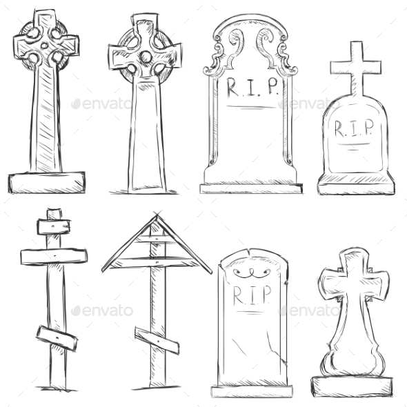 590x590 Vector Set Of Sketch Cemetery Tombstones By Nikiteev Graphicriver - Cemetery Sketch