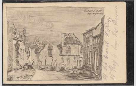 460x293 Church War Ruins Cemetery Pencil Sketch Fromeles 1915 Artist Mayer - Cemetery Sketch