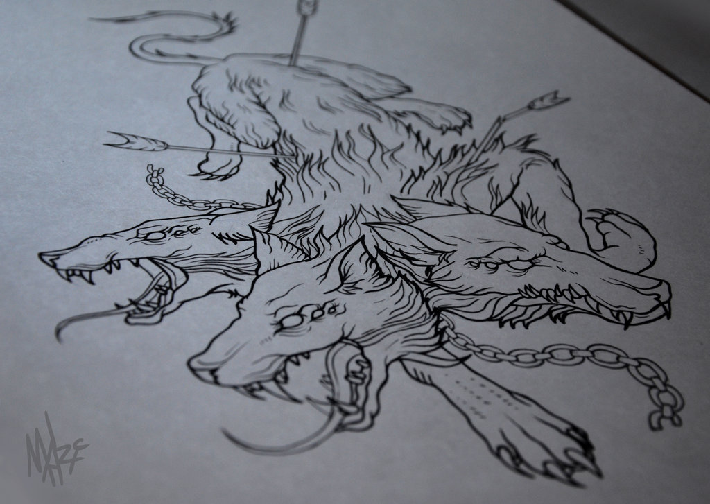 1024x727 Cerberus Tattoo Sketch By Marymarylp - Cerberus Sketch