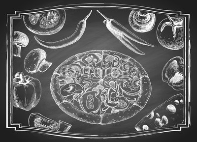 400x289 Hand Drawn Pizza Set Chalk Sketch On Blackboard Background, Full - Chalk Sketch