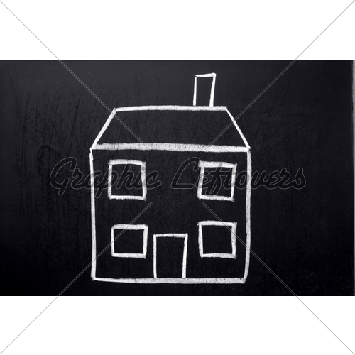 500x500 Kids Chalk Drawing Of A House On A Blackboard. Gl Stock Images - Chalk Sketch
