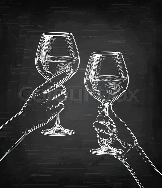 687x800 Two Hands Clinking Glasses Of Wine. Chalk Sketch On Blackboard - Chalk Sketch