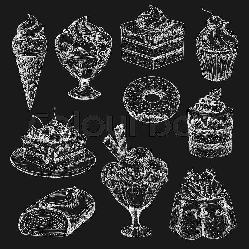 800x800 Cake And Ice Cream Chalk Sketch On Blackboard. Cake, Cupcake - Chalk Sketch