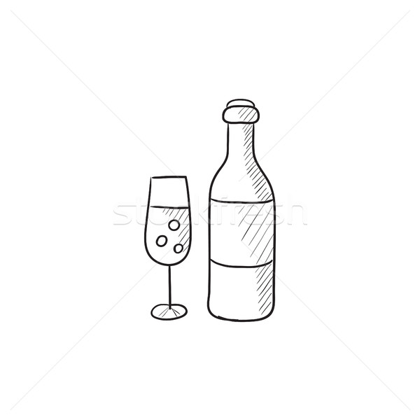 600x600 Bottle And Glass Of Champagne Sketch Icon. Vector Illustration - Champagne Bottle Sketch