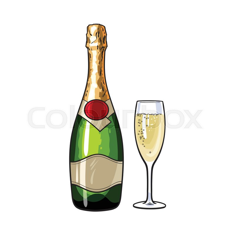 800x800 Champagne Bottle And Glass, Sketch Style Vector Illustrations - Champagne Glass Sketch