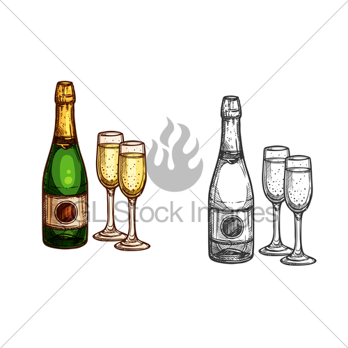 500x500 Christmas, New Year Champagne Bottle, Glass Sketch Gl Stock Images - Champagne Glass Sketch