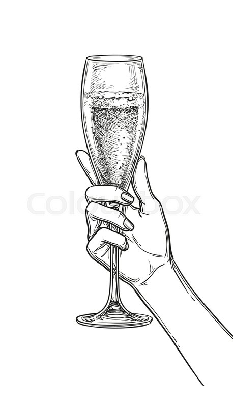 458x800 Hand Holding A Glass Of Champagne. Ink Sketch Isolated On White - Champagne Glass Sketch