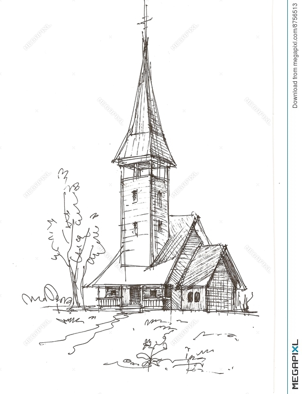 615x800 Wooden Church Sketch Illustration 8756513 - Chapel Sketch