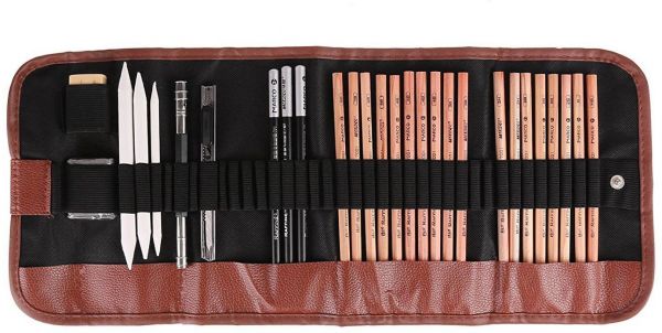600x302 Sketching Pencil Set 18pcs Pen Charcoal Sketch Set Roll Up Canvas - Charcoal Sketch Set