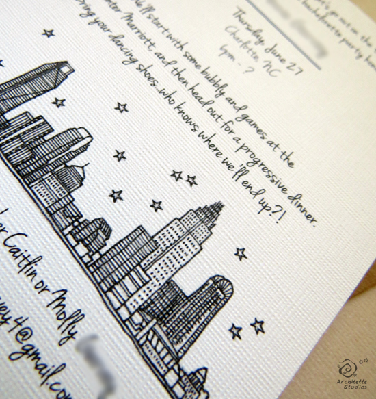 550x583 Charlotte Skyline Bachelorette Invitations - Charlotte Skyline Sketch