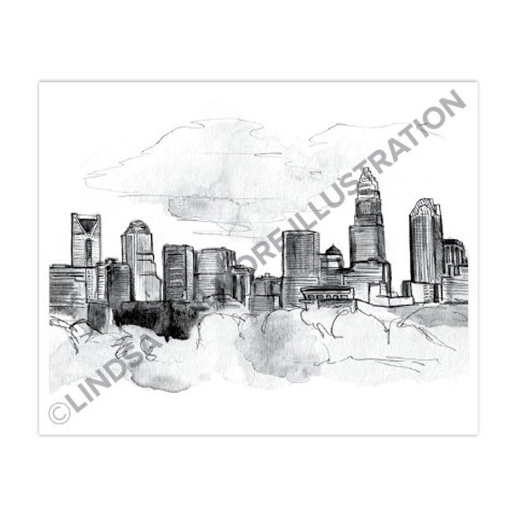 570x570 Charlotte Skyline Print Etsy - Charlotte Skyline Sketch