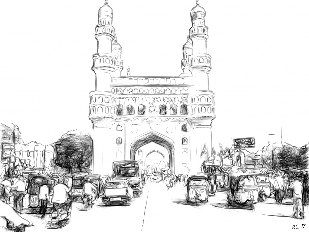 1000x750 Charminar Digital Art By Pushkar Chatterjee Digital Art - Charminar Sketch