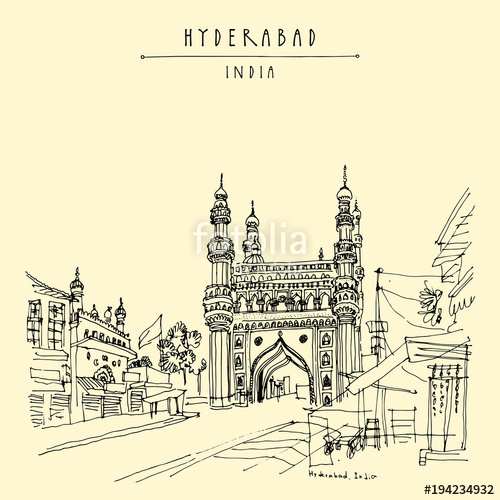 500x500 Hyderabad, Telangana State, India. Charminar. Travel Sketch - Charminar Sketch