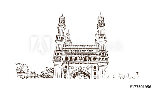 500x295 Sketch Of Charminar Hyderabad Telangana India In Vector - Charminar Sketch