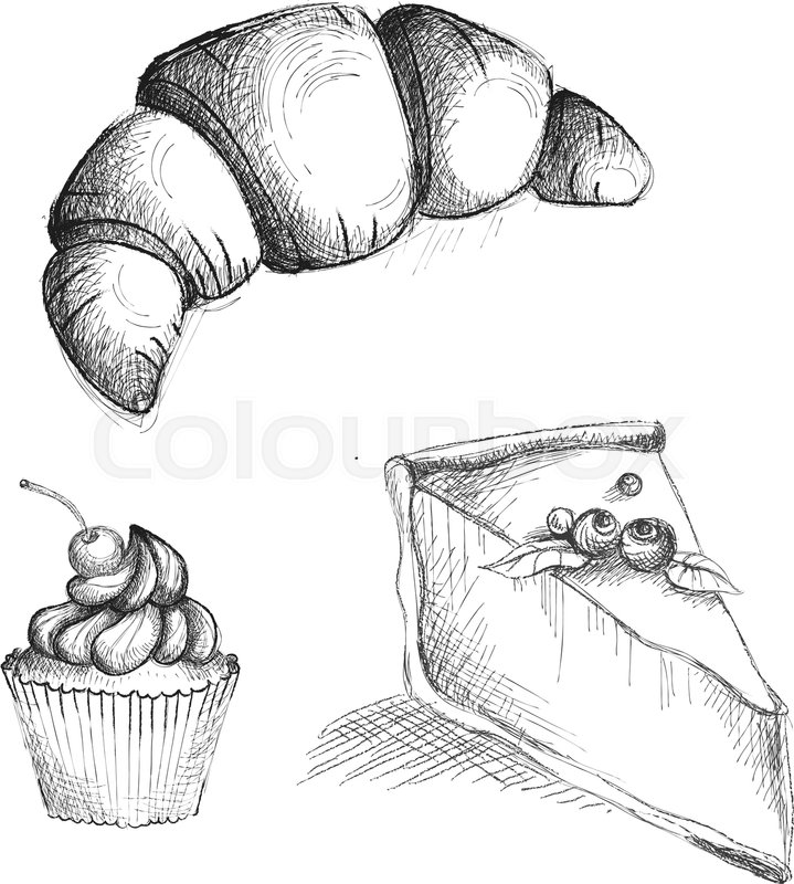 719x800 Hand Drawn Croissant, Cake, Cheesecake Dessert Sketch Isolated - Cheesecake Sketch