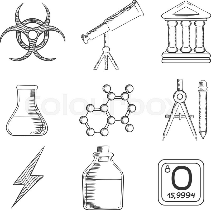 800x798 Science And Chemistry Sketches Icons And Symbols With Telescope - Chemistry Sketch