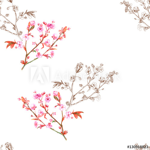 500x500 Watercolor Floral Seamless Pattern With Spring Blossom, Branch - Cherry Blossom Branch Sketch