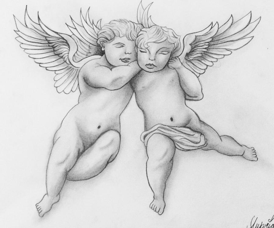900x747 Cherub Twins Drawing By Aubrianna Wockenfuss - Cherub Sketch