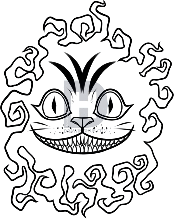 572x720 How To Draw The Cheshire Cat Tattoo, Step By Step, Drawing Guide - Cheshire Cat Sketch