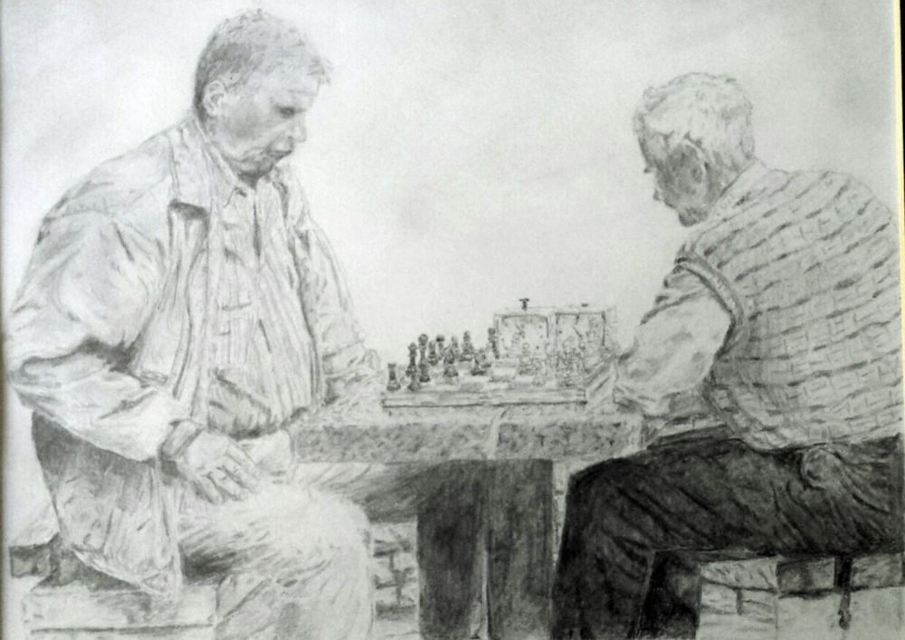 1000x707 Deven Rogers Pencil Drawing Print Old Men Playing Chess Ebay - Chess Board Sketch