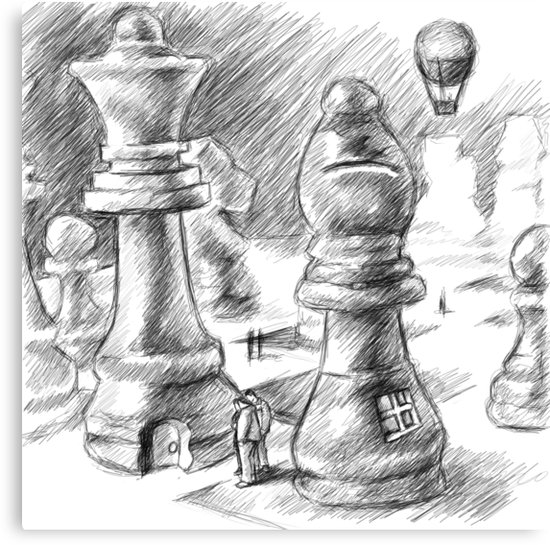 550x545 The Chess People Drawing Canvas Prints By Samuel Durkin Redbubble - Chess Board Sketch