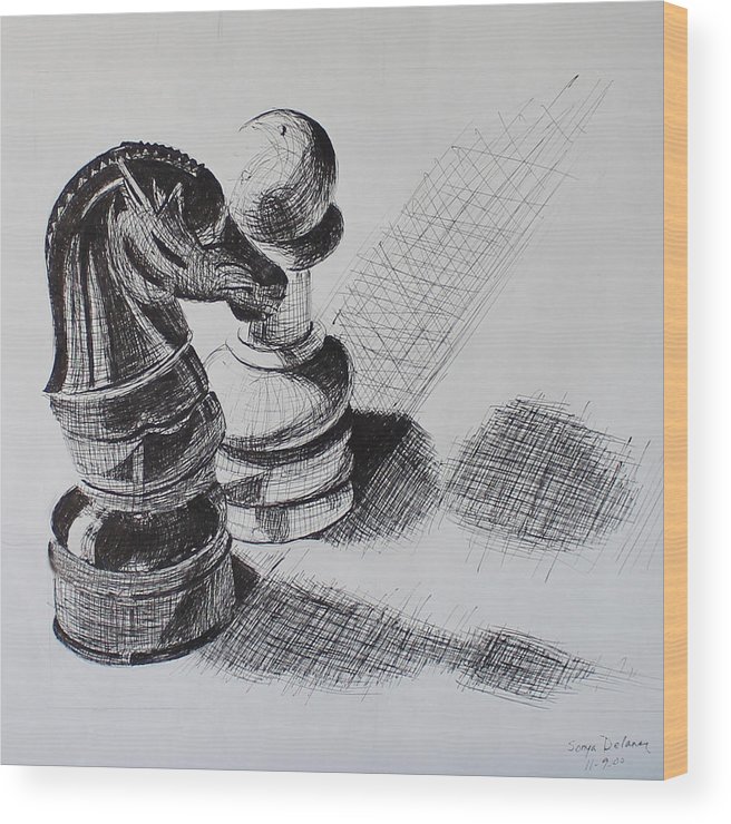 656x740 Knight And Pawn Chess Pieces Wood Print By Sonya Delaney - Chess Pieces Sketch