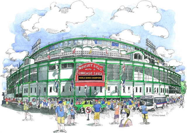 640x454 Skyline And Cityscape Art Of Chicago. - Chicago Cubs Sketch