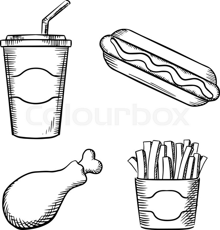 764x800 Fast Food French Fries In Paper Box, Hot Dog With Ketchup, Fried - Chicken Leg Sketch