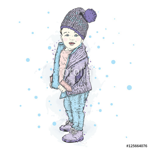 500x500 Cute Baby In Winter Clothes. A Boy In A Jacket And Jeans. Vector - Child Fashion Sketch