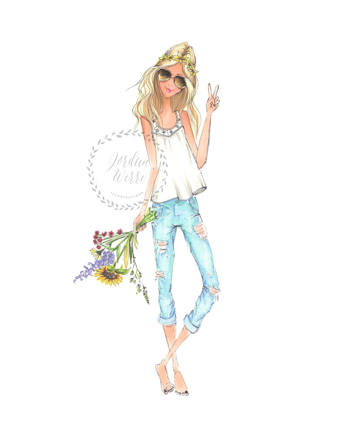 1200x1500 Flower Child Fashion Illustration Blonde Country Girl Wall Etsy - Child Fashion Sketch