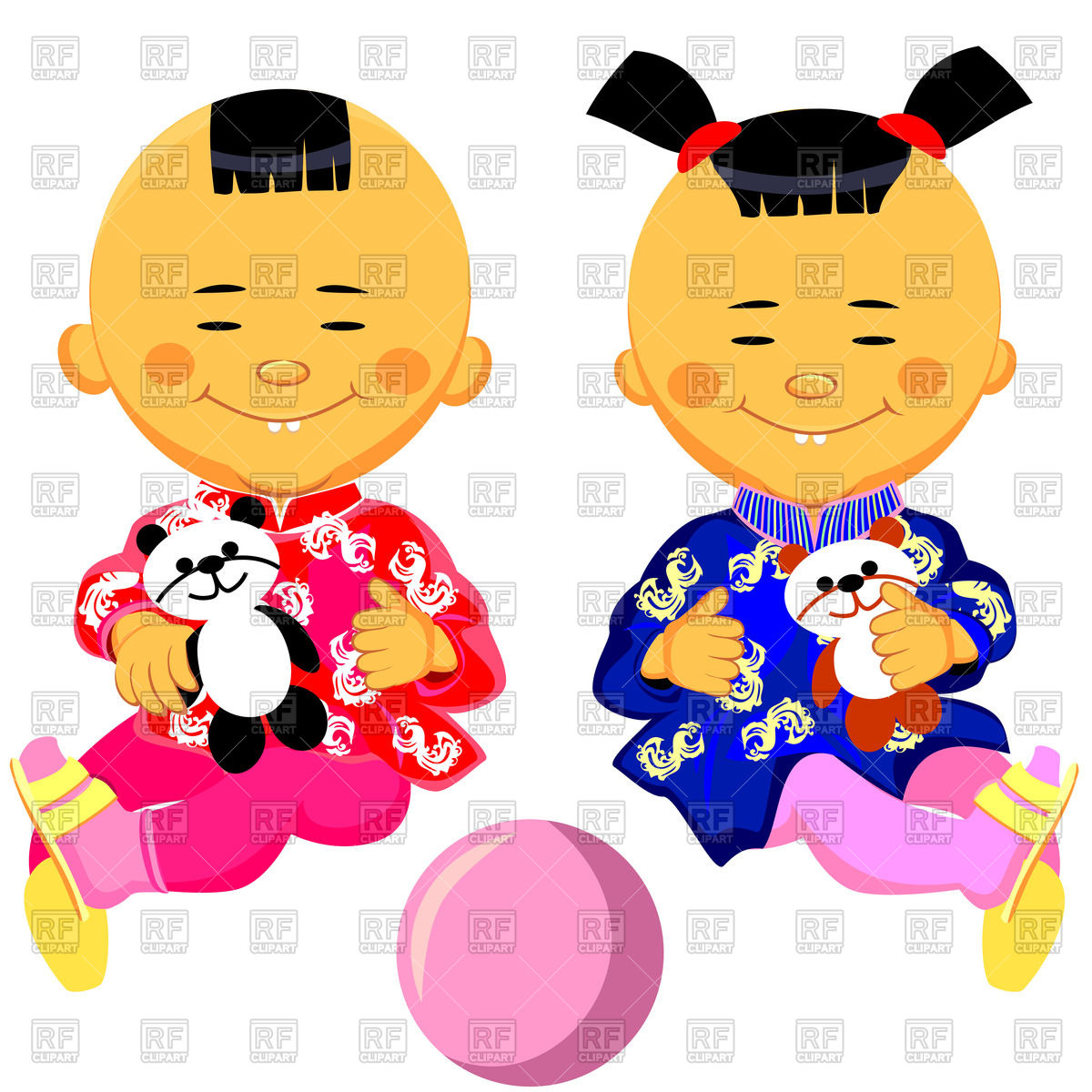1200x1200 Chinese Baby Boy And Girl In National Costume (Kimono) With Panda - Chinese Cartoon Sketch