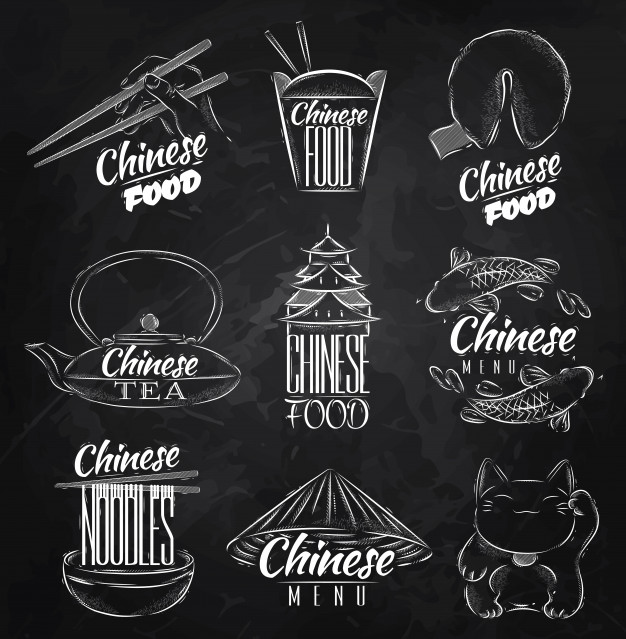 626x639 Chinese Food Symbols Chalk Vector Premium Download - Chinese Food Sketch