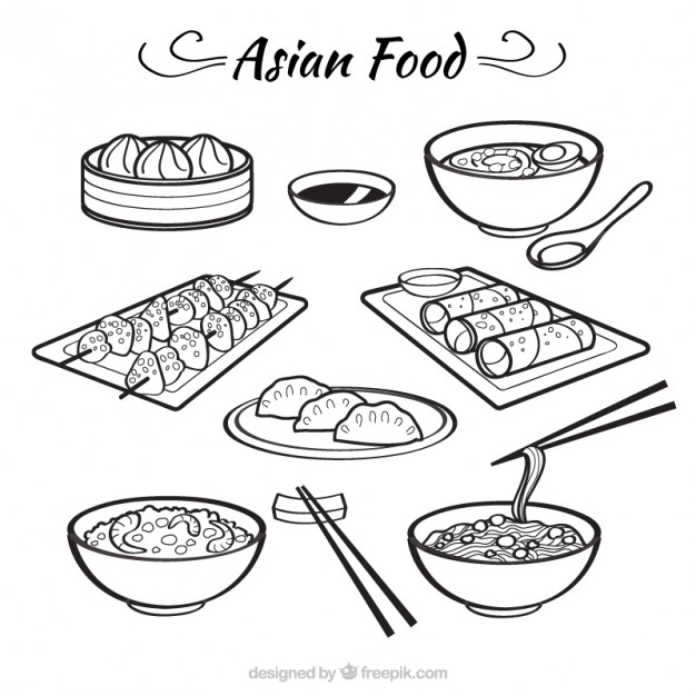 626x626 Sketches Bolws With Asian Food Vector Premium Download - Chinese Food Sketch