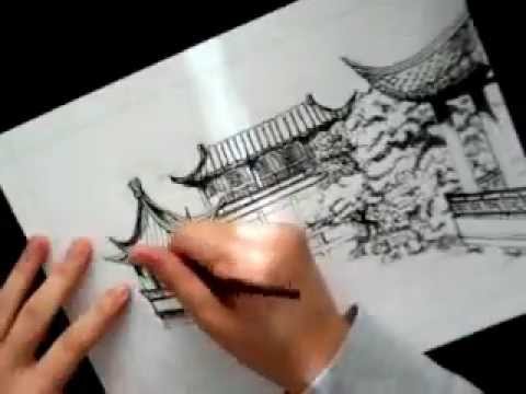 480x360 Chinese Garden Ink Drawing - Chinese House Sketch