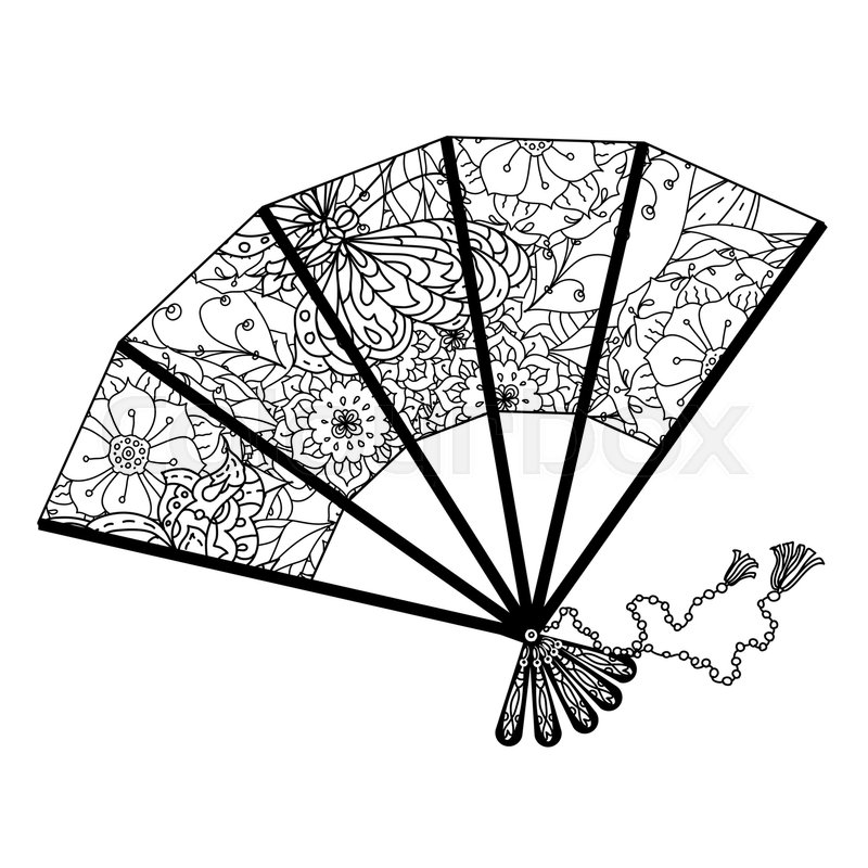 800x800 Fan Decorated By Floral Patterns For Adult Coloring Book. Black - Chinese Lantern Sketch