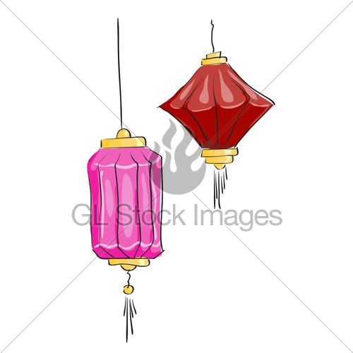 500x500 Vector Drawing. Two Chinese Lantern On A White Background Gl - Chinese Lantern Sketch