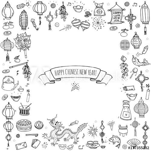 500x500 Hand Drawn Doodle Happy Chinese New Year Icons Set. Vector - Chinese New Year Dragon Sketch