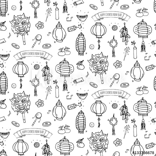 500x500 Seamless Pattern Hand Drawn Doodle Happy Chinese New Year Icons - Chinese New Year Sketch