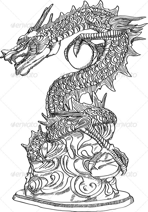 590x846 Chinese Style Dragon Statue Vector Line Sketch By Ohmega1982 - Chinese Sketch